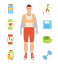 Weight Loss Person and Icons Vector Illustration