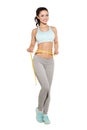 Weight loss, sports girl measuring her waist Royalty Free Stock Photo