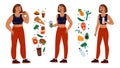 Weight loss stages. Body transformation process from fat to slim. Woman character lifestyle. Obese and athletic figures