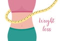 Weight loss. Waist of woman and measuring tape. Female slim body. Flat vector illustration. Figure of woman losing weight. Healthy