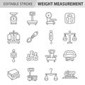 Weight measurement device line icon. Vector collection with electronic and mechanical scales, weights, weigher, industrial scales
