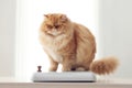 Weight monitoring concept. Overweight cat standing on weight scales. AI generative Royalty Free Stock Photo