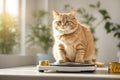 Weight monitoring concept Overweight cat standing on scales. ai generative Royalty Free Stock Photo