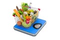 Weight scale with shopping basket full of products, fruits and vegetables, 3D rendering Royalty Free Stock Photo