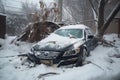 The weight of snow from storms brings tree limbs down on parked cars. Ai generated