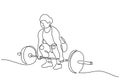 Weight training drawing of woman muscle vector. Female holding barbell continuous one line drawing