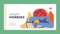 Weight Worries Landing Page Template. Obese Male Character Fall Asleep after Eating Much Fast Food, Vector Illustration