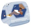 Weightless Astronaut Floats With A Laptop In A Spaceship. The Mesmerizing View Of Outer Space Through The Window