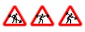 Weightlifter with a barbell. Fitness and bodybuilding. Silhouette logo sign illustration. Humor. Road sign in red triangle