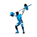 Weightlifter lifts big barbell, abstract blue isolated vector silhouette. Ink drawing. Fitness