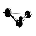 Weightlifter lifts big barbell, isolated vector silhouette, ink drawing