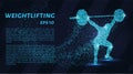 Weightlifter of the particles. The weightlifter consists of dots and circles. Blue weightlifter on dark background