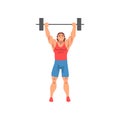 Weightlifter Rising Barbell, Male Athlete Character in Sports Uniform, Active Sport Healthy Lifestyle Vector