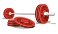 Weightlifting barbell with a stack of red discs Royalty Free Stock Photo