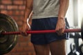 Weightlifting, exercise and hands of man with barbell in gym for fitness, bodybuilder training and workout. Sports Royalty Free Stock Photo