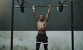 Weightlifting, fitness and black man with barbell in gym for training, exercise and intense workout. Deadlift, strong Royalty Free Stock Photo