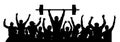 Weightlifting strong man. Weightlifter sport silhouette. Crowd of fans joy of victory. Vector illustration