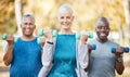 Weights, fitness and portrait of senior people doing a strength arm exercise in an outdoor park. Sports, wellness and