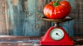 The Weighty Beauty: A Big, Homegrown Tomato on a Vintage Red Kitchen Scale Royalty Free Stock Photo