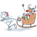 Stick figure as Santa pulls sled with a reindeer
