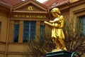 Weimar, Germany - April 7, 2024: Buergerschulbrunnen fountain near Music school named after Johann Nepomuk in central Weimar