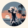 Weimaraner Dog Gazing At Moon And Palm Trees