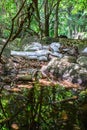 Weir irrigate sand bag at waterfall in forest