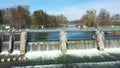 Weir river hydroelectric power station water Morava high cascading, drone aerial video shot river quadcopter view flying