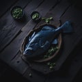 Weird blue fish on dinning table, generative ai Royalty Free Stock Photo