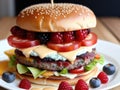 Weird burger with meat and berries. AI Generated.