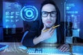 Suspicious programmer touching his chin while looking at the transparent screen