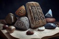 Weird divination by rune cards and stones with ancient manuscript on wooden table. Esoteric, gothic and occult background, Royalty Free Stock Photo