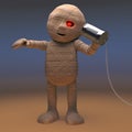 Weird Egyptian mummy monster uses a basic communication device, 3d illustration