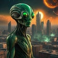 Weird Green Alien with Planetary Retrofuturisitc City in the background