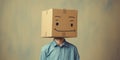 Weird man put a cardboard box on head and shows a positive gesture, concept of Abstract