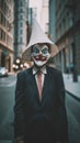 A weird man in a suit and tie wearing a creepy clown mask. AI generative image. Royalty Free Stock Photo