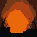 Weird Orange Sunset over Road and Dry Trees, Vector Illustration