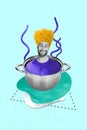 Weird portrait collage artwork smiling guy hair macaroni spaghetti strange psychedelic kitchen pot isolated on blue