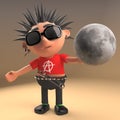 Weird punk rocker holding a globe of the Moon, 3d illustration