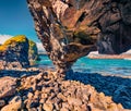 Weird shapes of basalt columns on the shore of small fishing village - Arnarstapi or Stapi.