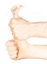 Weird thumb up of man`s hand isolated on white background with clipping path Royalty Free Stock Photo