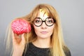 Weird woman holding brain having idea Royalty Free Stock Photo