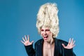 Weird yelling princess wear crazy vintage wig scream Royalty Free Stock Photo