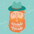 Weirdo with the beardo. Cute vector old man in hat with ginger beard, mustaches and smile
