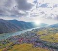 Weissenkirchen village with autumn vineyards against Danube river in Wachau valley, Austria, UNESCO Royalty Free Stock Photo