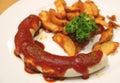 Weisswurst or German White Sausage with Curry Ketchup and Fried Potatoes