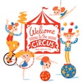 Welcom To The Circus Vector Poster With Lettering And Cartoon Cute Characters