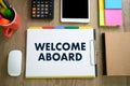 WELCOME ABOARD Business team hands at work with financial reports and a laptop Royalty Free Stock Photo