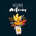 Welcome autumn banner with brush calligraphy and drawing of posy of the golden leaves. Vector fall design with Royalty Free Stock Photo