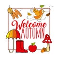 Welcome autumn card frame poster bird umbrella boot mushroom leaves